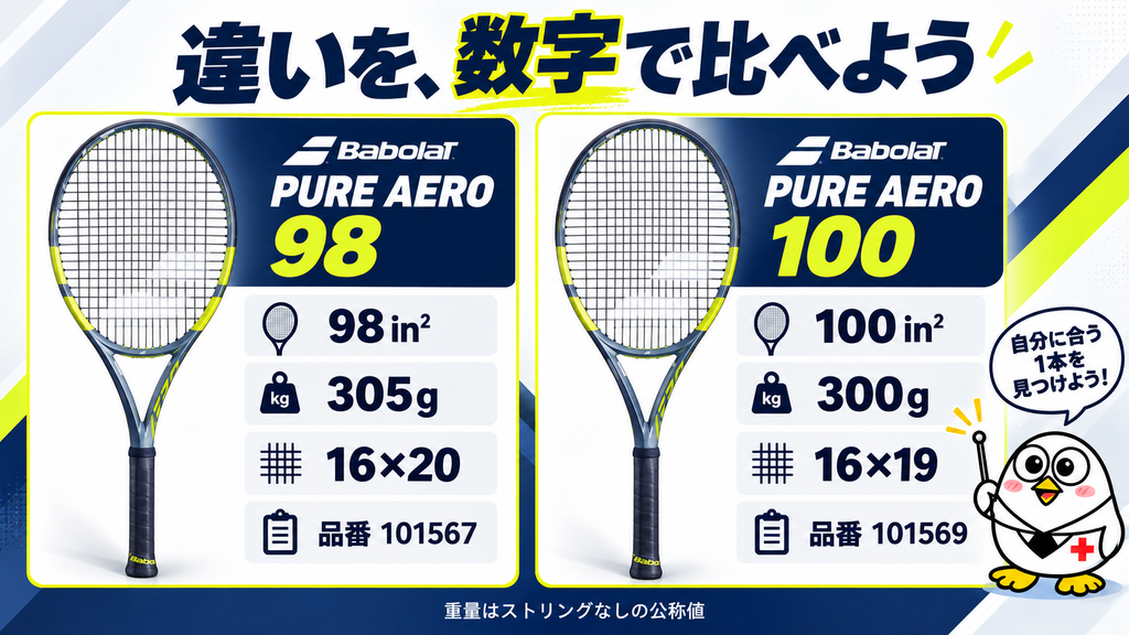 ピュアアエロ98と100の違いを数字で比較:98平方インチ・305g・16×20・品番101567、100平方インチ・300g・16×19・品番101569