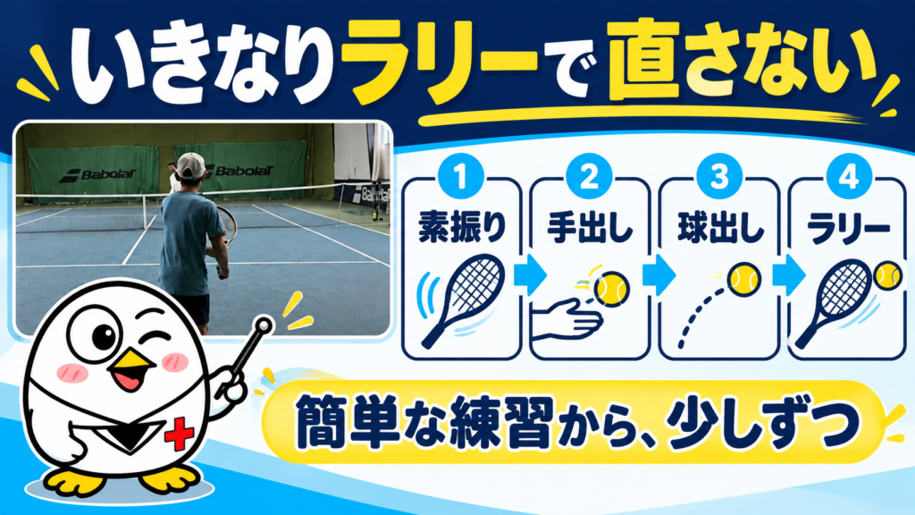 いきなりラリーで直さない：素振り、手出し、球出し、ラリーの順に簡単な練習から少しずつ