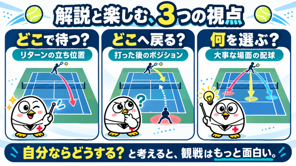 解説と楽しむ3つの視点：リターンの立ち位置、打った後のポジション、大事な場面の配球