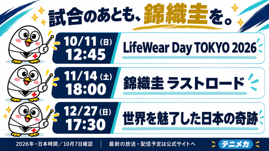WOWOW錦織圭特集の放送スケジュール：10月11日、11月14日、12月27日