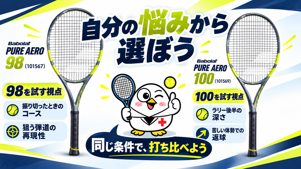 自分の悩みから選ぼう:98は振り切ったときのコースと弾道の再現性、100はラリー後半の深さと苦しい体勢での返球