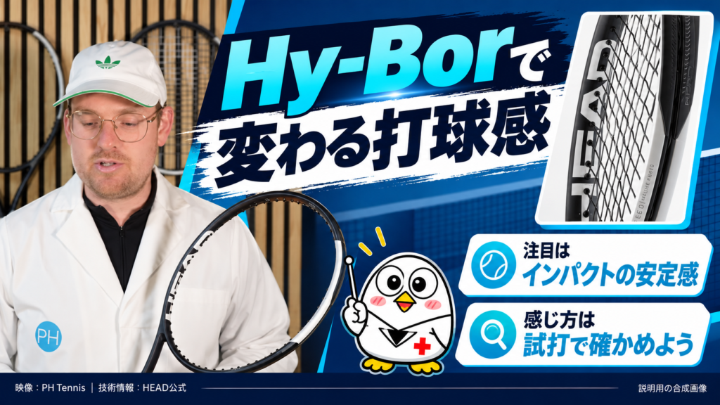 Hy-Borで変わる打球感:注目はインパクトの安定感、感じ方は試打で確かめよう(映像:PH Tennis、技術情報:HEAD公式)