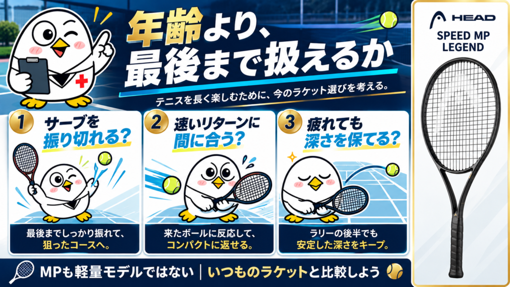 年齢より、最後まで扱えるか:サーブを振り切れるか、速いリターンに間に合うか、疲れても深さを保てるか