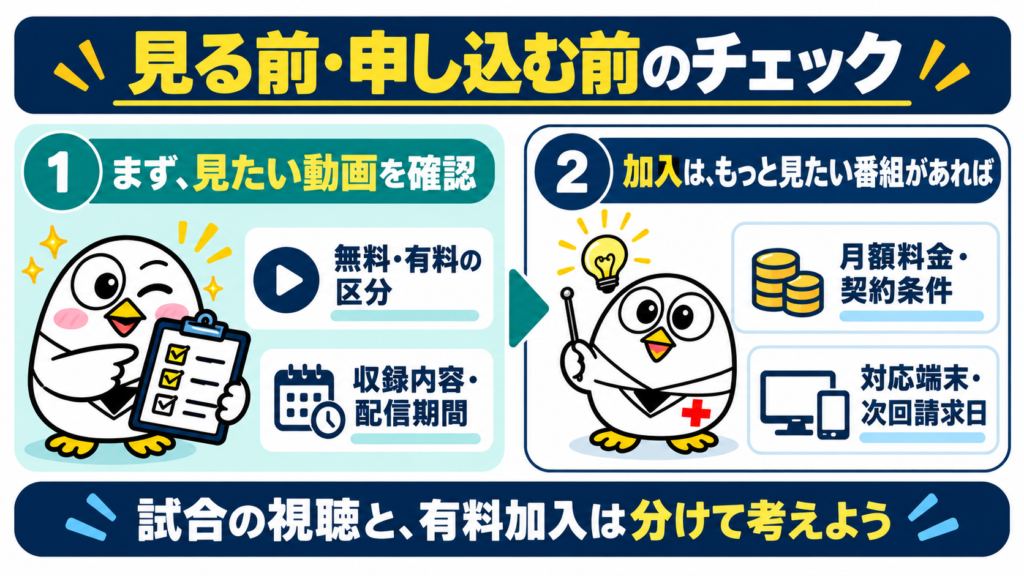 見る前・申し込む前のチェック：見たい動画の確認と、加入前の料金・端末・請求日の確認