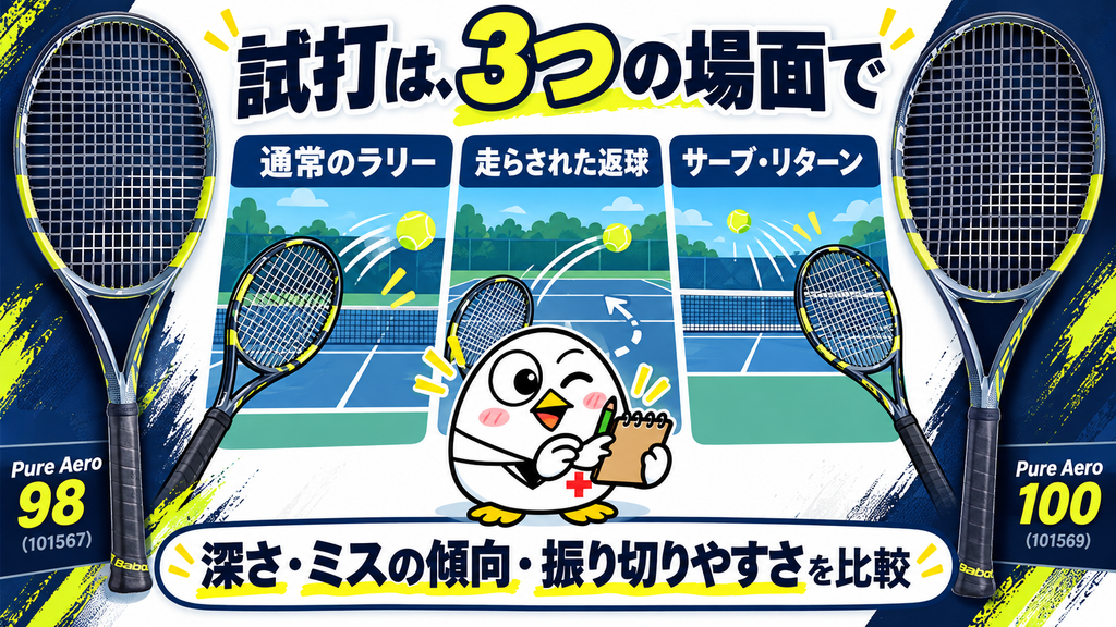 試打は3つの場面で:通常のラリー、走らされた返球、サーブ・リターンで深さ・ミスの傾向・振り切りやすさを比較