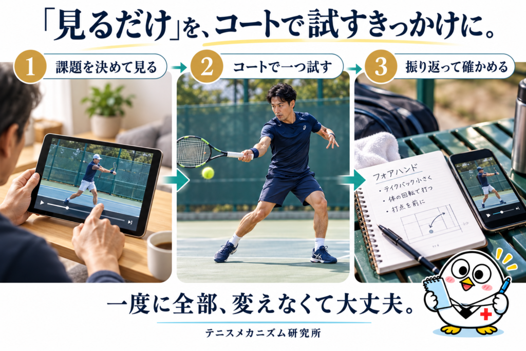 見る・試す・振り返るの3ステップ:課題を決めて見る、コートで一つ試す、振り返って確かめる