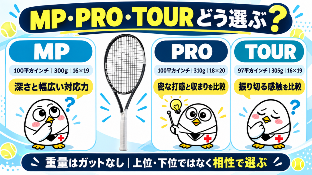 MP・PRO・TOURどう選ぶ?MPは深さと幅広い対応力、PROは密な打感と収まり、TOURは振り切る感触を比較