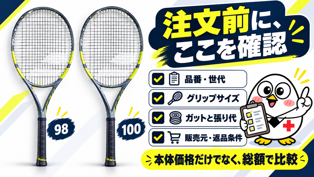 注文前に確認:品番・世代、グリップサイズ、ガットと張り代、販売元・返品条件