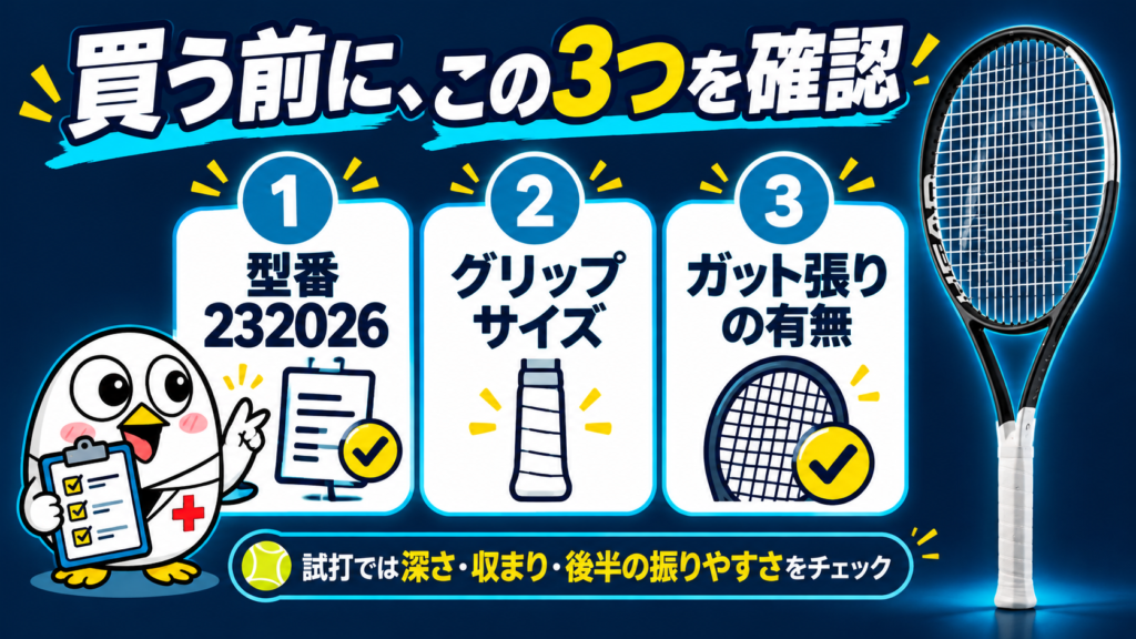 買う前に確認する3つ:型番232026、グリップサイズ、ガット張りの有無