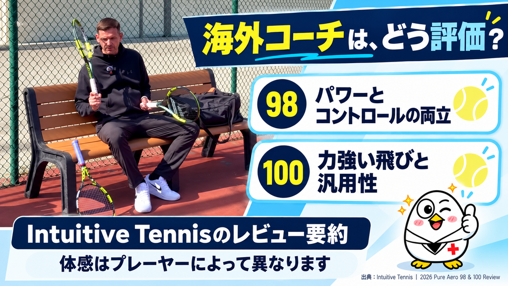 海外コーチはどう評価?98はパワーとコントロールの両立。Intuitive Tennisのレビュー要約(出典:Intuitive Tennis|2026 Pure Aero 98 & 100 Review)