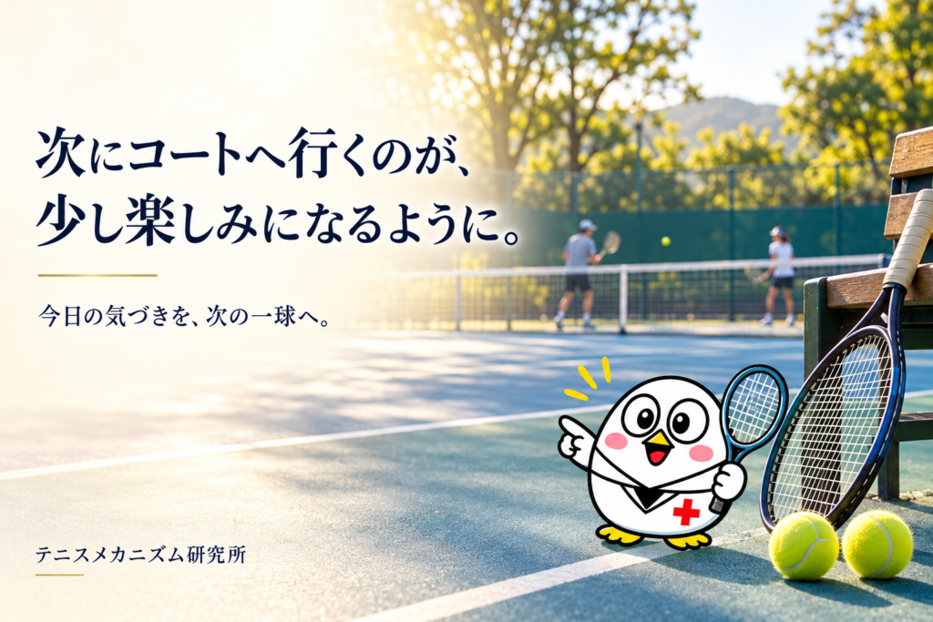 次にコートへ行くのが、少し楽しみになるように。朝のテニスコートとテニメカのキャラクター