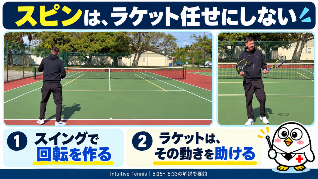 スピンはラケット任せにしない:スイングで回転を作り、ラケットはその動きを助ける(出典:Intuitive Tennis 5:15〜5:33の解説を要約)