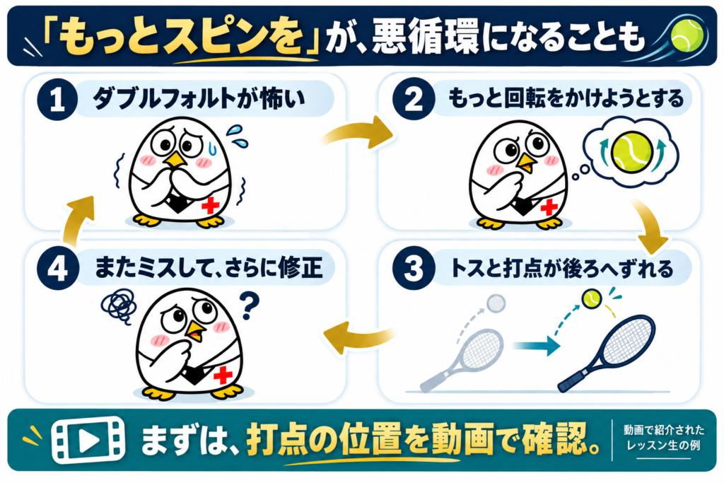 「もっとスピンを」が悪循環になることも:ダブルフォルトが怖い、回転をかけようとする、トスと打点が後ろへずれる、またミスして修正